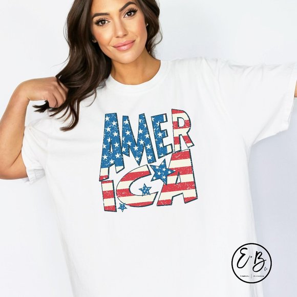 Trendy Patriotic America Stars Stripes Lightning Bolt USA July 4th Graphic Tee - Picture 1 of 5